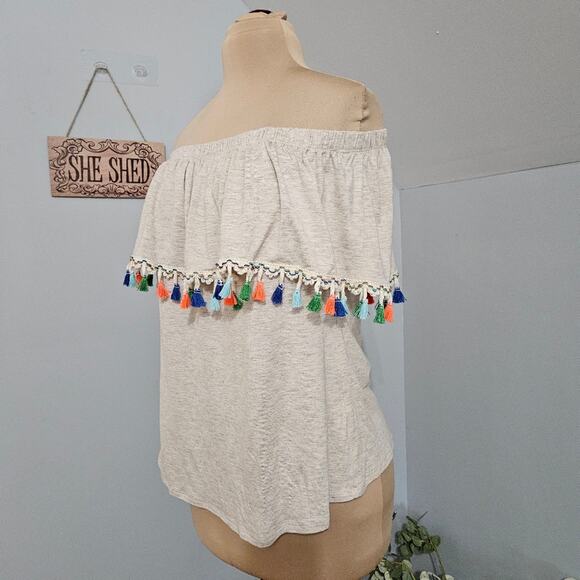 Pebble and Stone Womens Top Large Off Shoulder Colorful Pom Pom Embroidery Trim - Picture 4 of 12